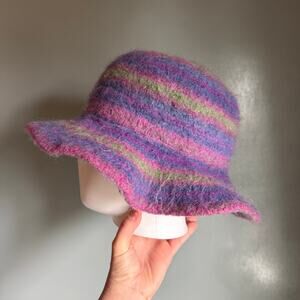 HANDMADE Women's XL Purple Striped Boiled Wool Bucket Hat Knit Hippie Festival